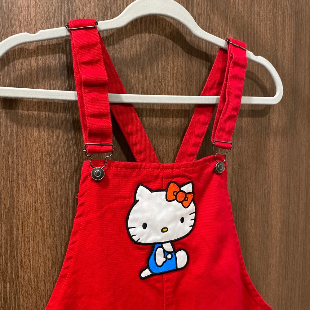 SANRIO Hello Kitty Overall Mini Dress Size L Red Denim Jumper Kawaii Kidcore Y2K - Picture 3 of 10